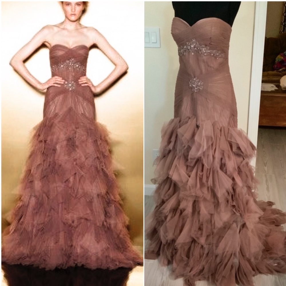 Ruffles and ruching with slight train.